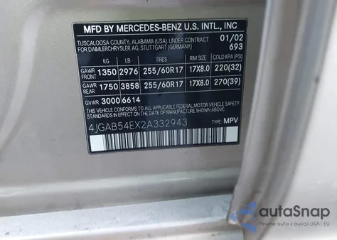 2002 Mercedes-Benz Ml 320 z USA, uszkodzony, nr VIN 4JGAB54EX2A332943